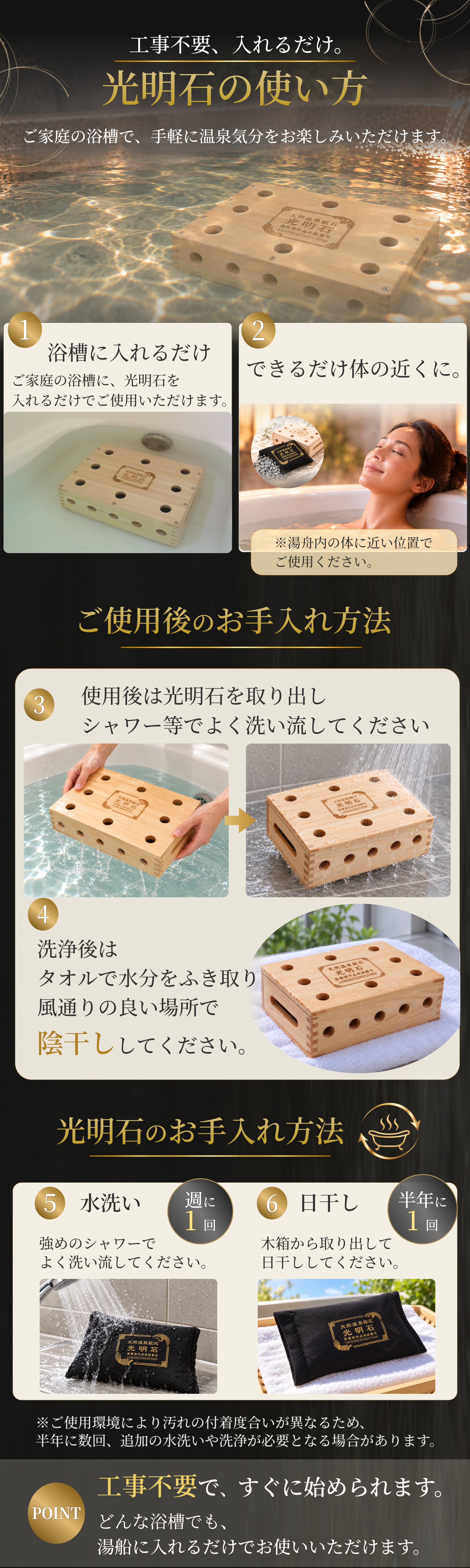 工事不要、入れるだけ。ご家庭の浴槽で、手軽に温泉気分をお楽しみいただけます